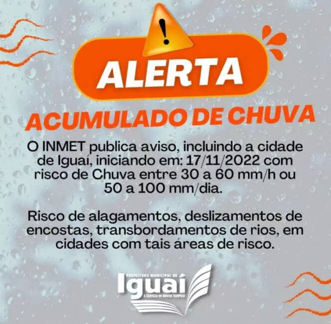 Prefeitura de Iguai alerta população sobre acumulado de chuva