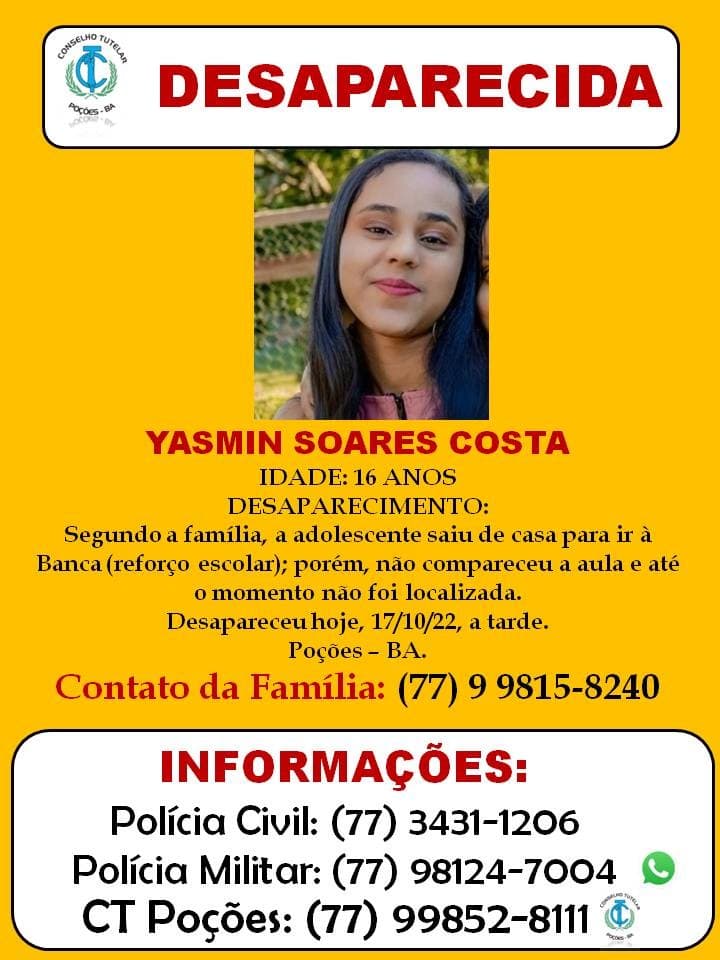 Jovem de 16 anos está desaparecida em Poções.