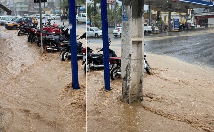 Sudoeste: Chuva volta a ganhar intensidade em Jaguaquara e provoca alagamentos na área central da cidade