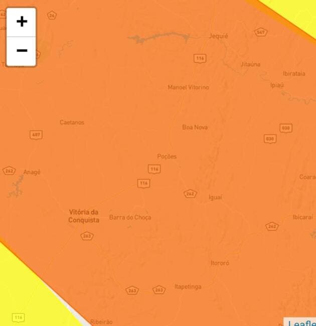 Urgente: Poções, Planalto, Boa Nova, Iguaí, Ibicuí, Canaã, Caetanos, Mirante e Bom Jesus estão sob alerta laranja