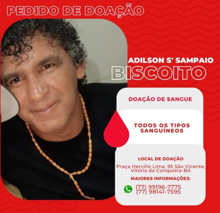 Corrente do bem em Poções: Adilson Sampaio “Biscoito” precisa de doadores de sangue